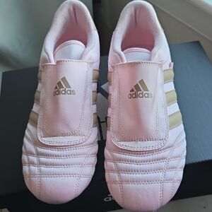 Adidas Taekwondo Pink Satin Tan Stripes Slip Ons. 9.5. Worn Once